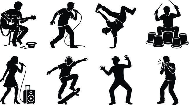 Street Performers and Urban Artists Silhouettes Set for Busking Music and Subculture Dance Concepts