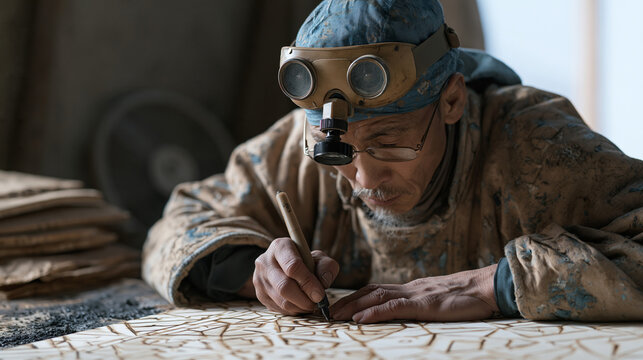 Mongolian artisan burning intricate geometric pattern into flat birchwood panel using fine-tipped pyrography pen, magnifying visor pushed up on forehead, workshop bench dusted