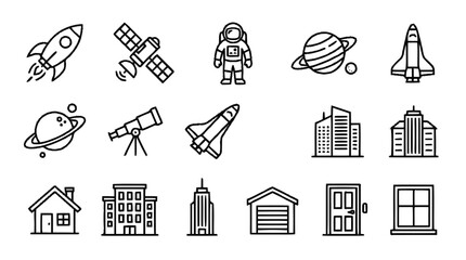 Various city buildings and spacecraft icons are illustrated. © sarawat