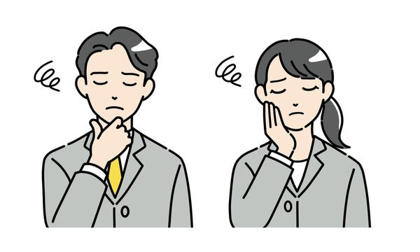 悩んでいるスーツを着た若い男女のイラストセット　正面