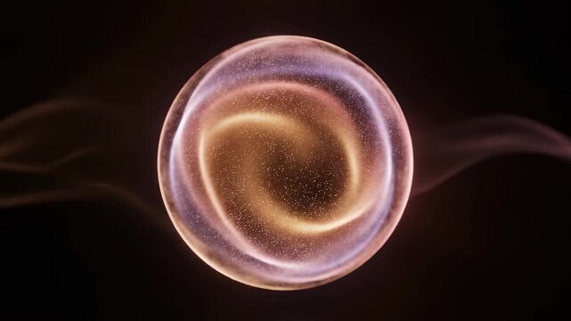 Energy sphere on a dark background absorbs swirling luminous particles into its core. Soft, ambient lighting and gaseous textures create a smooth, abstract render.