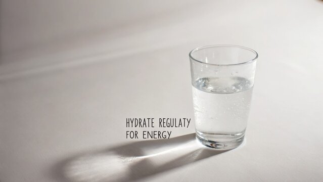 Clear glass of water on a white surface with a motivational phrase about hydration and energy for wellness and health