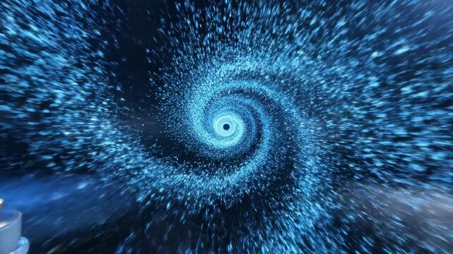 Glowing blue particles form a spiraling vortex, creating a sense of rapid forward motion. Motion blur and dynamic particle physics create a luminous, high-energy visual effect.