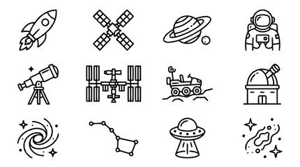 Space exploration icons showcase various celestial objects and equipment © sarawat