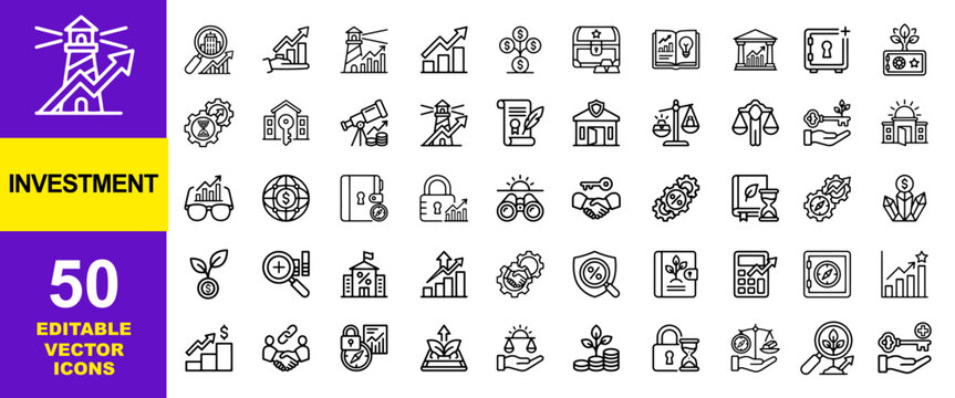 Investment Icons Set: 50 Editable Vector Icons of Financial Growth, Wealth Management, Business Strategy, Savings, Stock Market Analysis, Asset Portfolio Thin Line Symbols Web Elements
