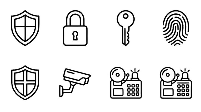 Security icons depict protection symbols and devices for safety.
