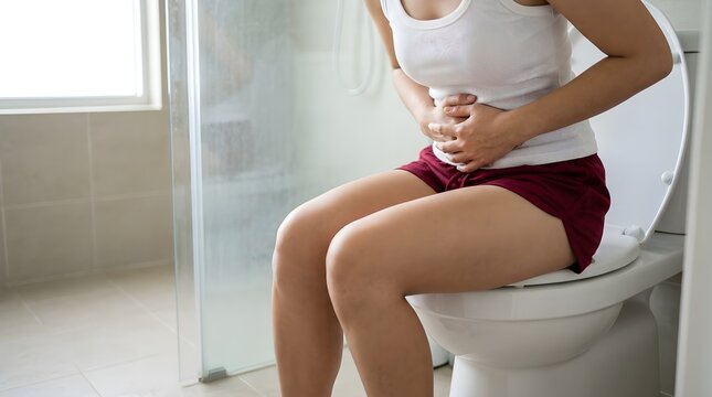 Young woman sitting on a white toilet while suffering from severe stomach pain and holding her abdomen in bathroom