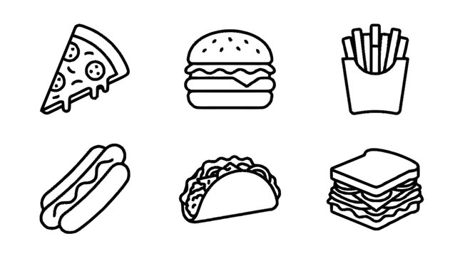 A variety of fast food items sit on a table including pizza, burger, fries, hot dog, taco, and sandwich.