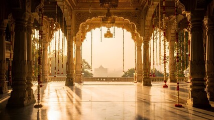 Obraz premium Golden sunrise light illuminating decorated Indian temple pavilion with hanging flower garlands during sacred Hindu festival celebration
