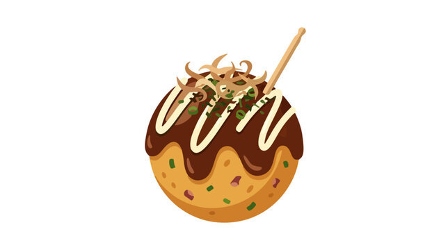 Japanese octopus ball takoyaki with savory sauce mayonnaise drizzle bonito flakes and toothpick vector illustration
