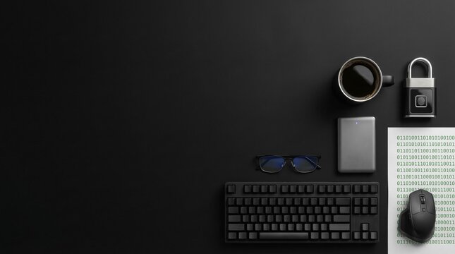 Meticulous Cyber Security Flat Lay: Biometric Padlock, Green Binary Code Paper, and Tech Gear on Pitch Black with Expansive Copy Space