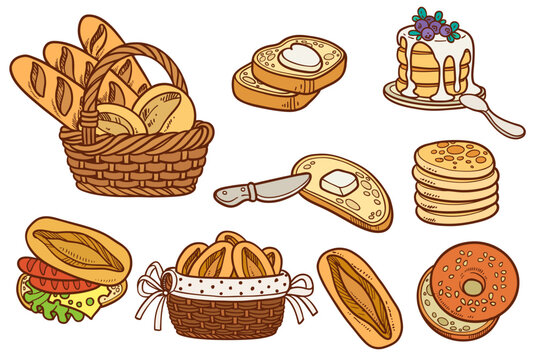 Wicker baskets with bread rolls and baguettes, pancakes, bread and butter color illustration