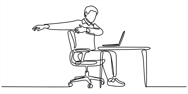 Man stretching at office desk continuous line drawing