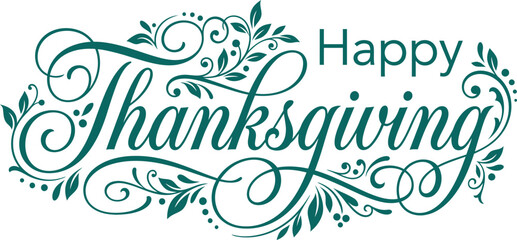 Happy thanksgiving typography with elegant green leaves isolated on transparent background © Shipu