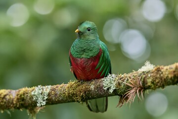 Fototapeta premium The Emerald Sunbird Perched on a Moss Covered Branch in Forest