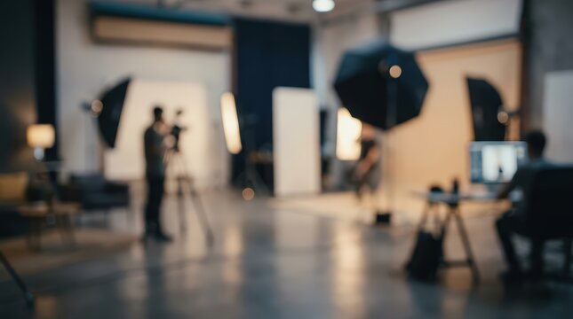 Blurred professional photo studio background with film production equipment lighting cameras video shoot workspace interior