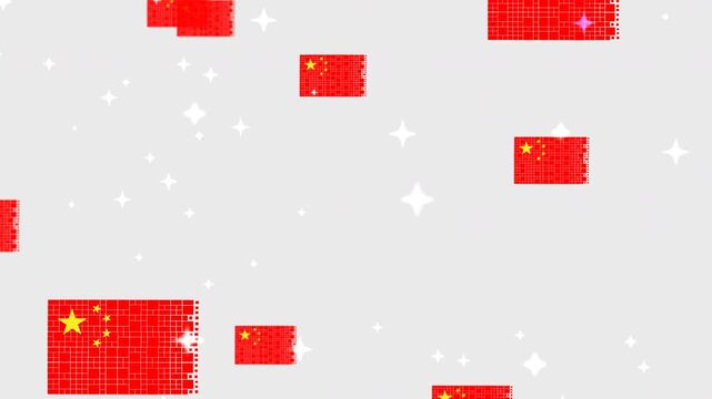 4k 60fps cartoon animation of falling China flags in mosaic pixel style on white background.