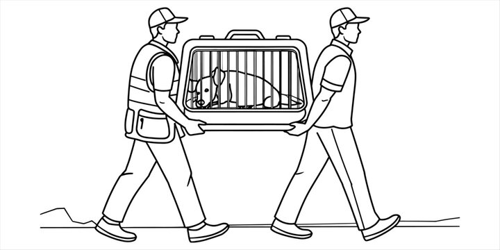 Two workers carrying a dog in a travel carrier cage