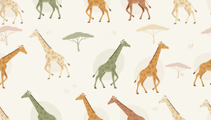 Obraz premium Seamless pattern featuring cute cartoon giraffes of various colors walking among acacia trees on a light cream background design.