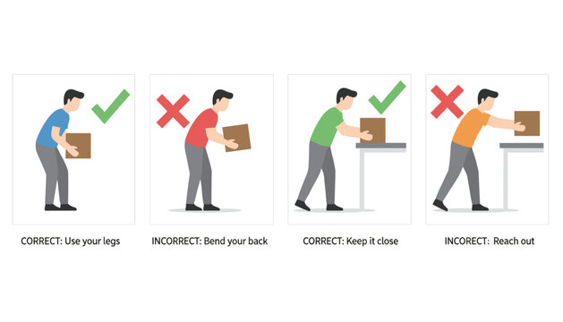 Infographic guide displaying the correct and incorrect ergonomic postures for lifting heavy cardboard boxes safely to prevent back injuries.