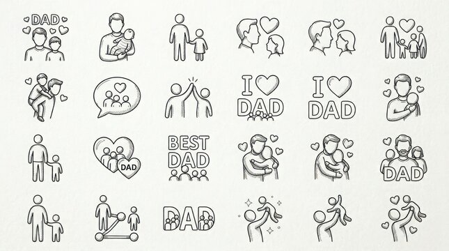 Set of handdrawn father and child icons isolated on white background