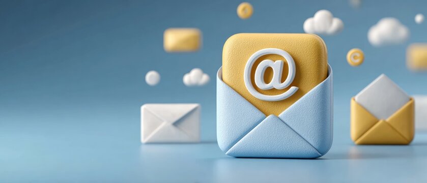 3D Illustration of Email Envelopes with At Symbol Icons Floating on Blue Background Representing Digital Communication and Online Messaging Concepts