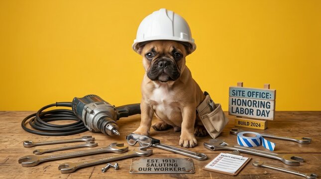 French bulldog puppy dressed as a construction worker for labor day