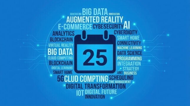 Digital technology concept with calendar icon and tech keywords