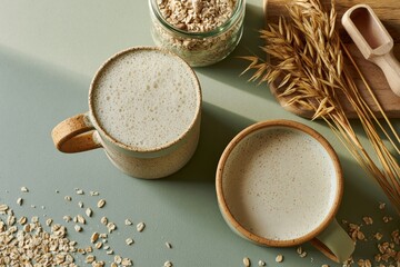 Fototapeta premium The Oat Milk Latte Duo on a Rustic Teal Surface