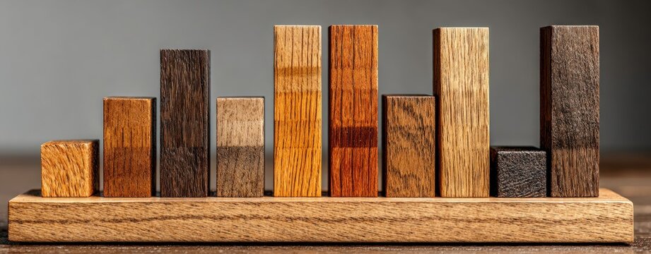 Wooden blocks of different heights and shades arranged in row on wooden base representing diversity and inclusion with copy space for text