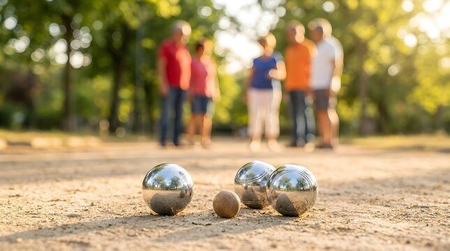 Shiny metal boules balls resting on a dusty park ground while a group of blurred friends watches the intense game