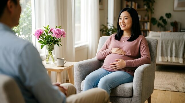 Happy pregnant Asian woman sitting in a comfortable armchair while talking to her husband during a calm sunny afternoon session