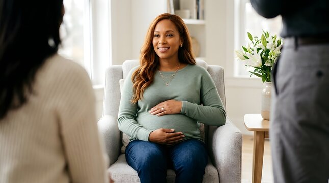 Smiling pregnant woman sitting in a comfortable armchair while talking to her doctor during a prenatal checkup inside a clinic