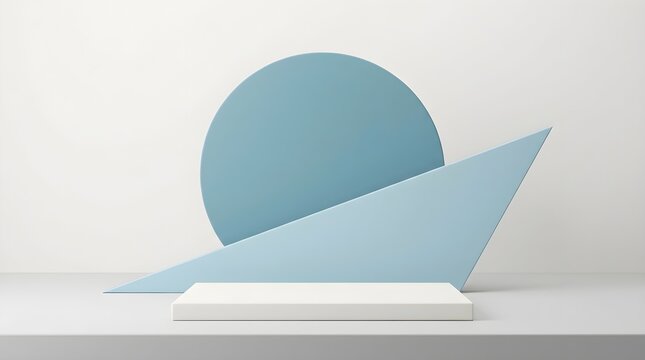 Minimalist product display platform featuring geometric blue shapes and a white rectangular base for modern commercial advertising and product photography