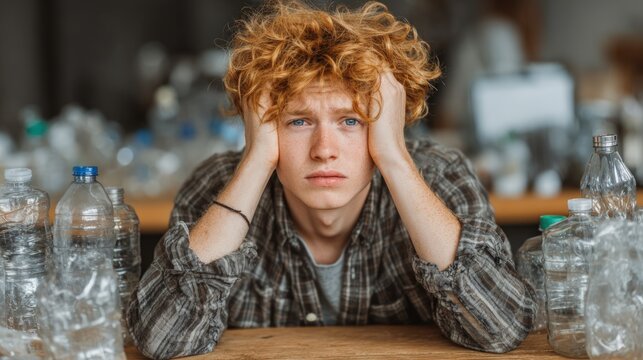 Stressed young man with red curly hair holding head in hands surrounded by empty plastic water bottles representing environmental pollution and waste