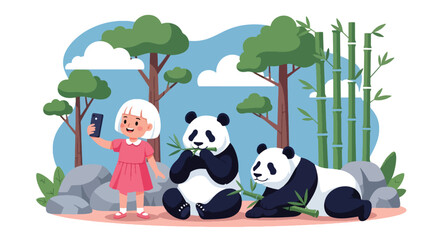 Flat style vector illustration of cheerful girl taking a selfie with a giant panda in a bamboo habitat during a summer zoo trip. Perfect for children's education, tourism, family travel and wildlife © Amie