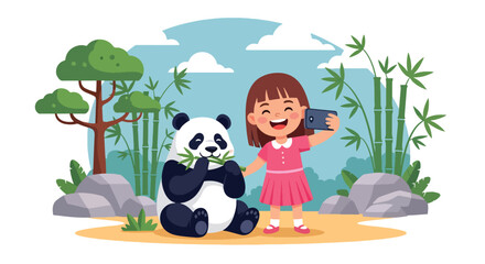 Flat style vector illustration of cheerful girl taking a selfie with a giant panda in a bamboo habitat during a summer zoo trip. Perfect for children's education, tourism, family travel and wildlife © Amie