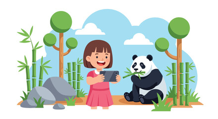 Flat style vector illustration of cheerful girl taking a selfie with a giant panda in a bamboo habitat during a summer zoo trip. Perfect for children's education, tourism, family travel and wildlife © Amie