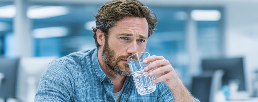 Bearded man drinking glass of water in modern office environment to maintain hydration and wellness during busy workday with copy space