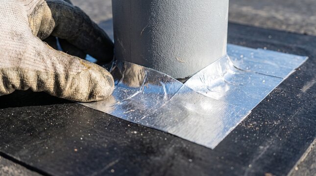 Close-up of a worker's gloved hand pressing adhesive flashing tape around a roof pipe or vent, ensuring a waterproof seal for durable roof maintenance and construction.