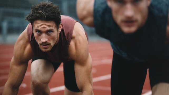 Two focused male athletes in starting position on a running track, ready for a sprint competition