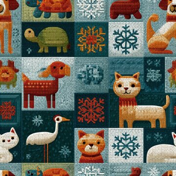Winter animal patchwork pattern with cross-stitch style blocks