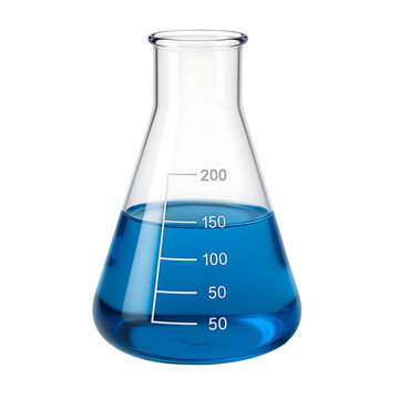 Laboratory flask with blue liquid isolated on transparent background