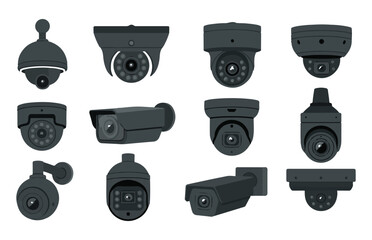 Set of modern surveillance cameras in dark tones, cctv, dome, bullet, and turret security systems. © OBAID