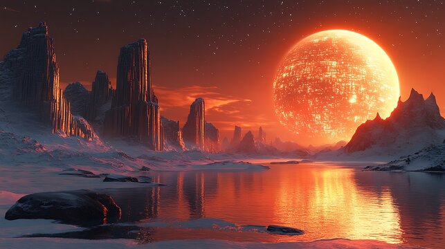 Alien landscape under a fiery moon