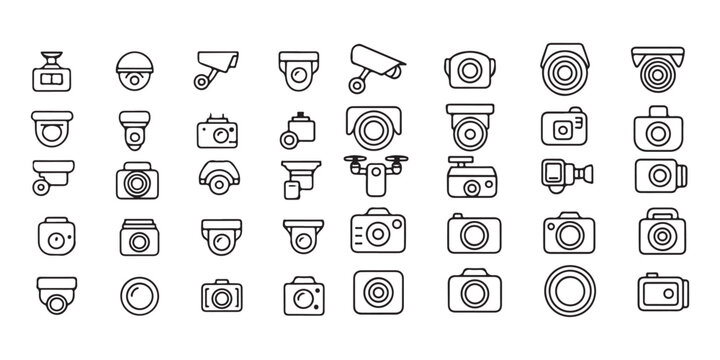 Collection of surveillance and security camera icons line art flat design vector illustration.