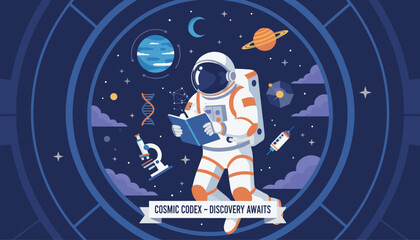 Naklejka premium Astronaut in deep space reading an interesting scientific book with planets dna model and microscope symbols around him.