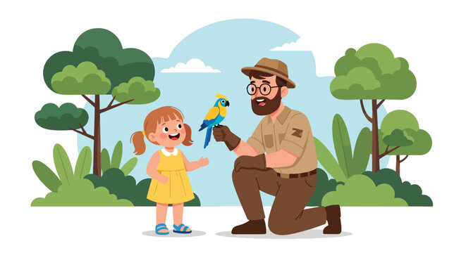 Flat style vector illustration of friendly zookeeper introducing a bird to a child during a summer zoo visit. Perfect for educational resources, wildlife learning, tourism and family activities