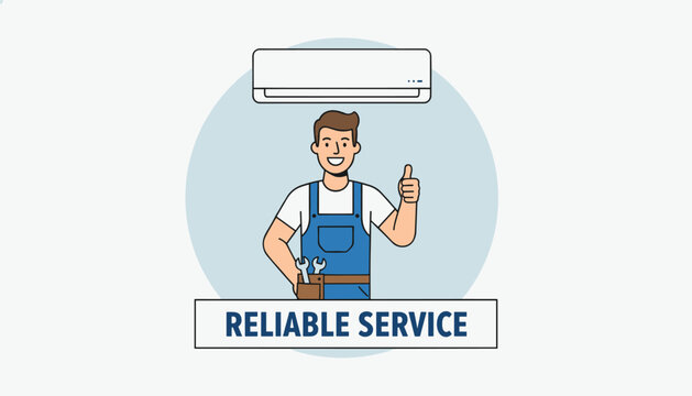 Professional air conditioner repairman in overalls giving a thumbs up in front of an AC unit for reliable service.