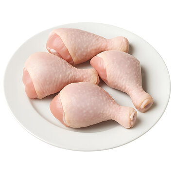 Raw chicken drumsticks on white plate isolated on transparent background